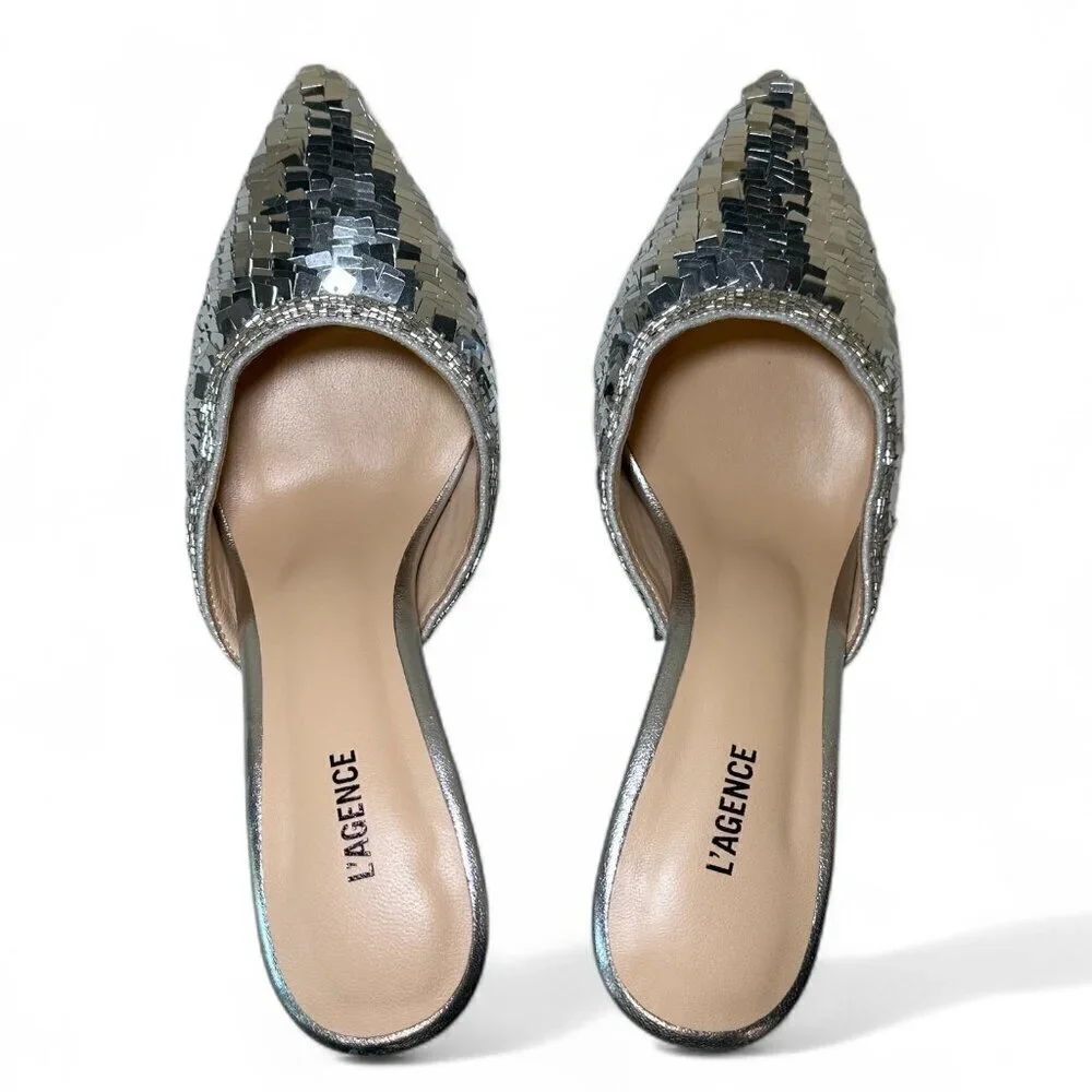 L' Agence Women's Backless Juliette Sequin Mule Heel - Silver (Size 6)